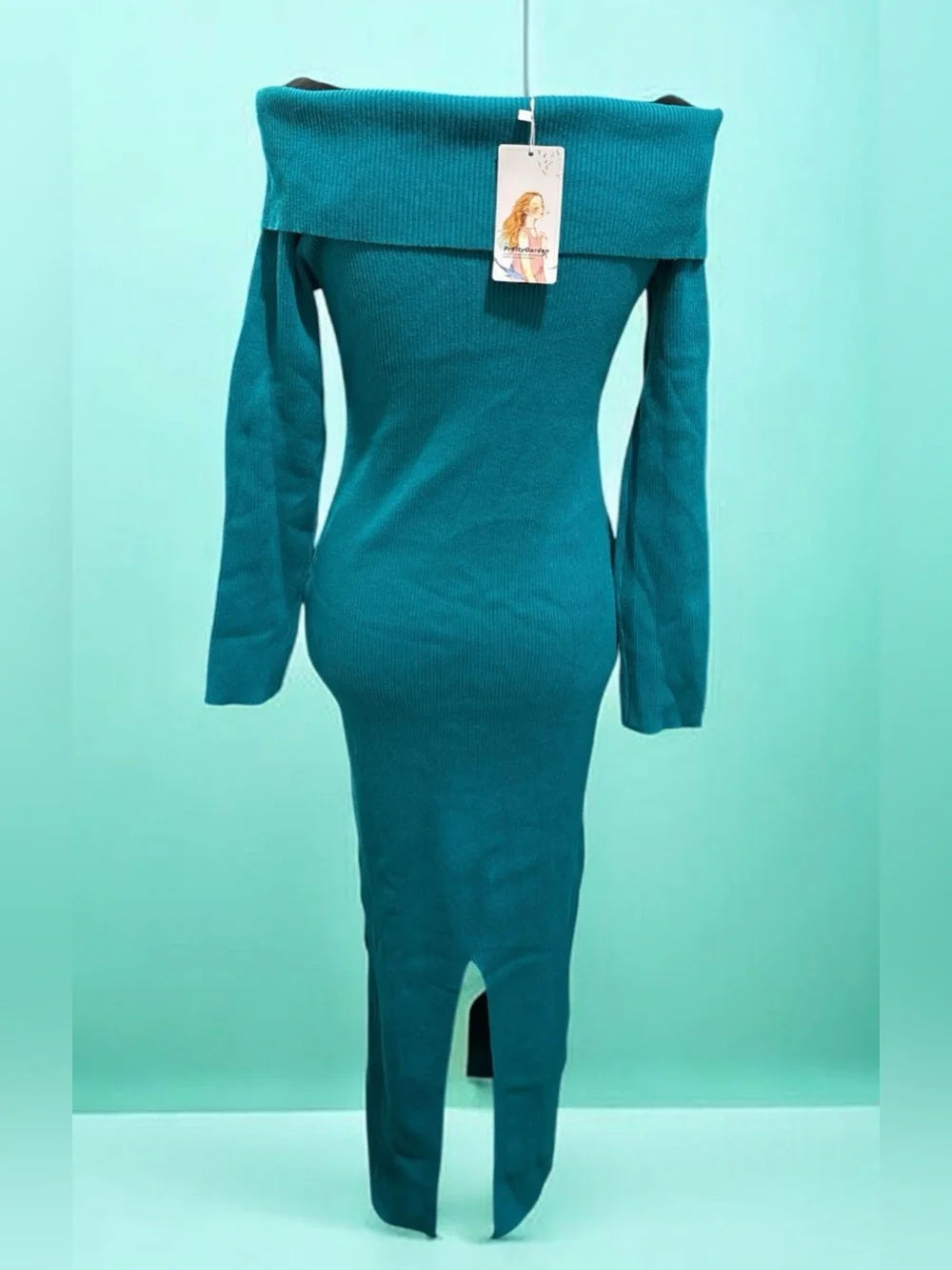 Off-Shoulder Teal Maxi Ribbed Dress